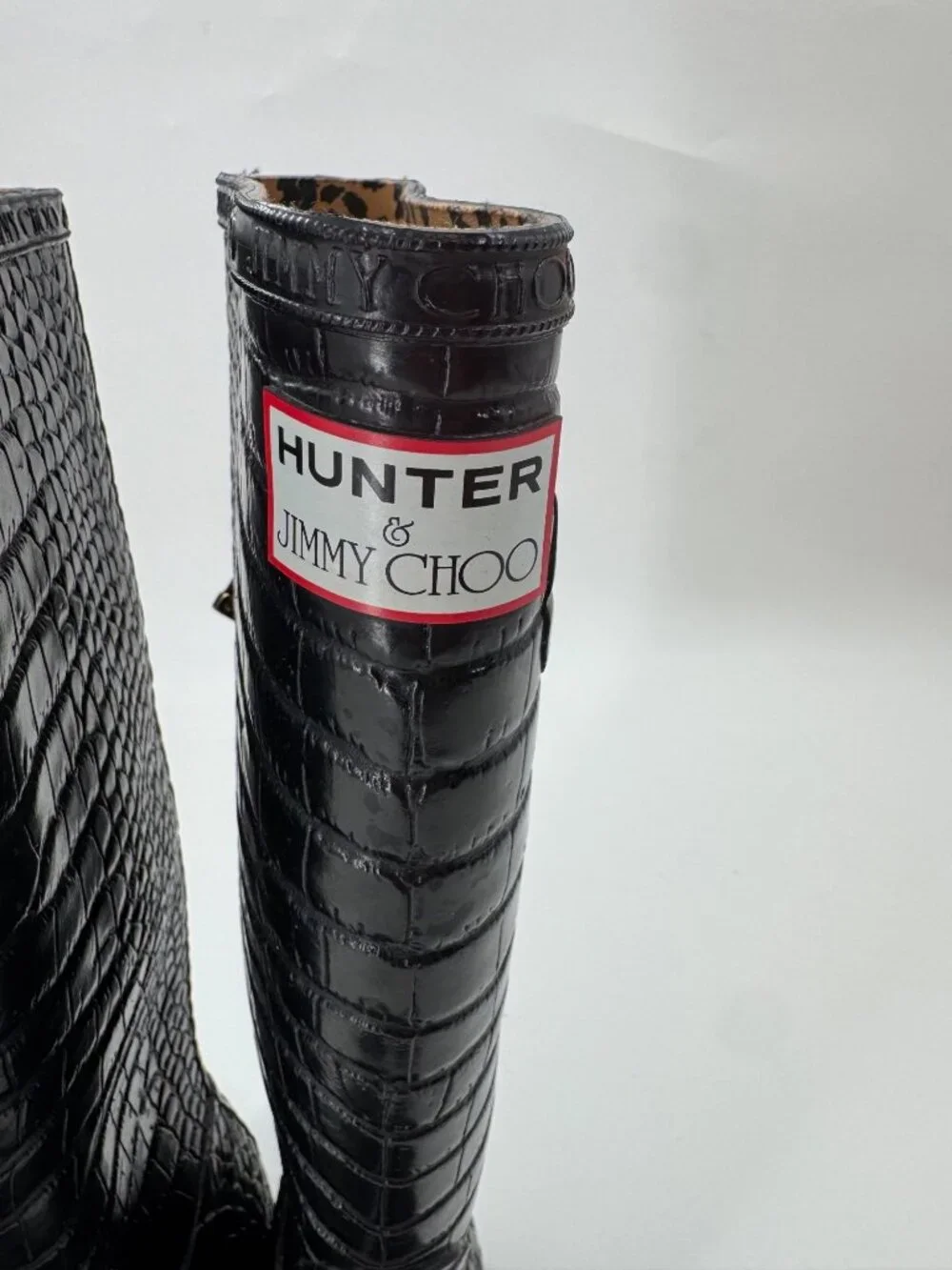 Jimmy Choo x Hunter Croc Embossed Tall Rain Boots Black Rubber Leopard Size  6